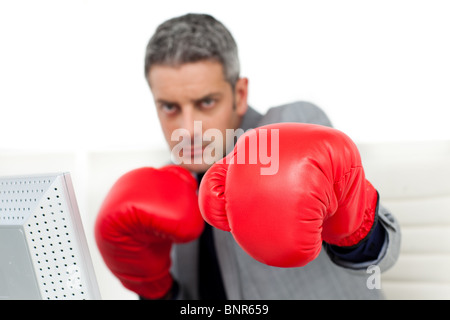 Selbstbewusste Unternehmer mit Boxhandschuhen Stockfoto