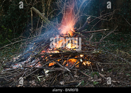 Garten Lagerfeuer brennen Sträucher und Holz, oft die Ursache von Streitigkeiten zwischen Nachbarn ausgeräumt Stockfoto