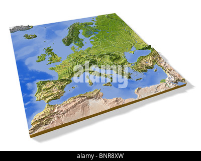 Europa, 3D Reliefkarte mit Grenzen. Stockfoto