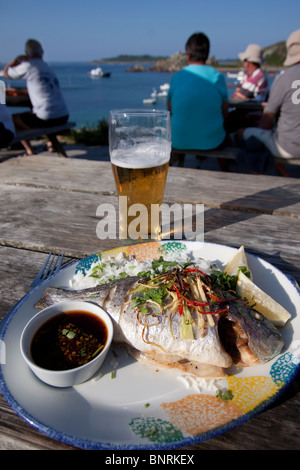 Dorade mit Reis und Thai Sauce auf St Agnes Isles of Scilly im Sommer Cornwall England UK Stockfoto