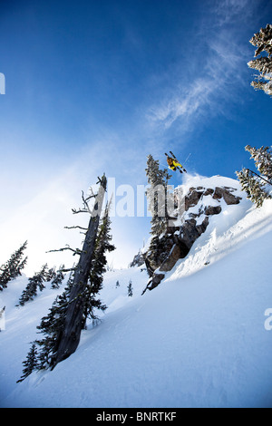 Eine männliche Telemark-Skifahrer-Front kehrt von einer Klippe in Montana. Stockfoto