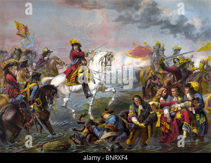 Wilhelm III (Wilhelm von Oranien) führt seine Armee zum Sieg über James II in der Schlacht am Boyne in Irland im Juli 1690. Stockfoto