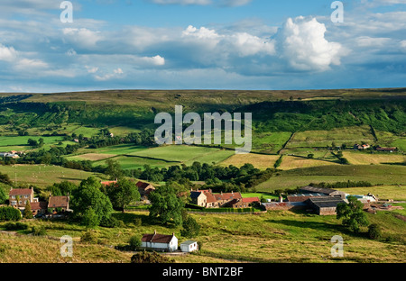 Blick nach Westen über Rosedale in Richtung hohe Haus Hof und das Dorf Thorgill Stockfoto