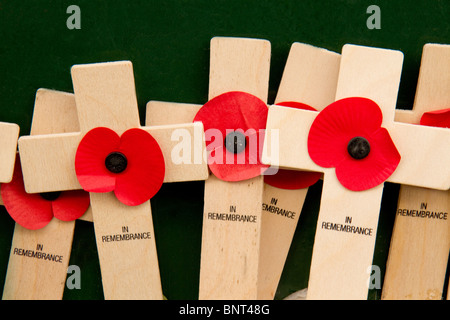 Gruppe von "In Erinnerung" durchquert mit roten Mohnblumen. Aufnahme in das Menentor, Ypern, Belgien Stockfoto