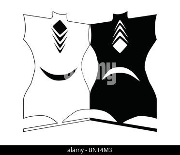 Zwei Schwestern Gegensätze Unterschiede definiert durch die Farbe schwarz und weiß und Formen auf weißem Hintergrund Stockfoto
