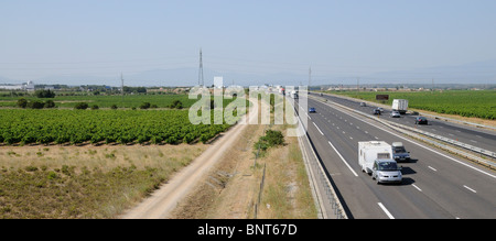 A9 Autoroute Fahrbahnen gesehen nördlich von Perpignan südlichen Frankreich Urlaub Verkehr vorbei an Weinbergen auf beiden Seiten der Autobah Stockfoto