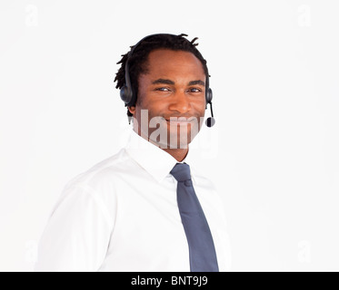 Attraktive arbeiten mit Kopfhörer Stockfoto