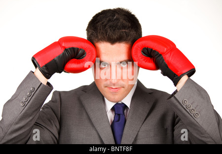 Gestressten Geschäftsmann mit Boxhandschuhen Stockfoto