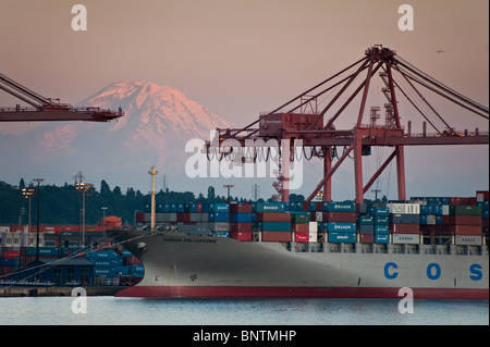 Riesige Kräne be- und Entladen der Fracht in den Hafen von Seattle, Washington, USA Schiffe ziehen im Trockendock für Reparaturen und Wartung. Stockfoto