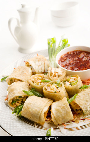 Chinesische Frühlingsrolle mit Schezwan Sauce Stockfoto