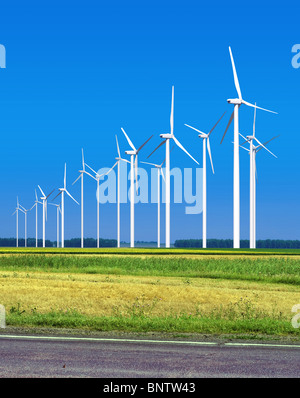 Schöne grüne Wiese mit Windkraftanlagen zur Stromerzeugung Stockfoto