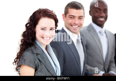 Fröhliche Geschäftsleute in einer Besprechung Stockfoto