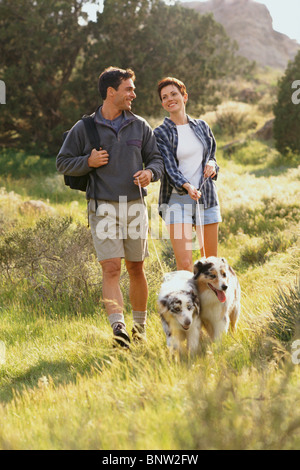 Paare, die ihre Hunde auf dem Land Stockfoto
