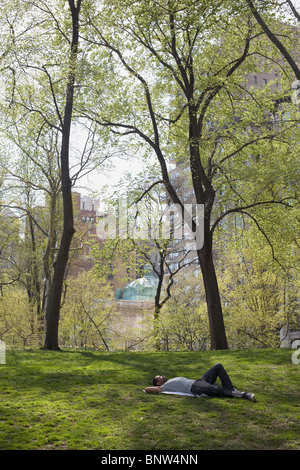 Mann liegt auf dem Rasen im Central Park Stockfoto