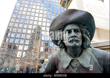 Nahaufnahme der Statue von Lambert Closse, Gouverneur von Montreal von 1655 bis 1657. Place d ' Armes, Old Montreal, Kanada. Stockfoto