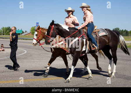 Reiter in einem Viehtrieb Ochsen bringen die Cheyenne Frontier Days Rodeo, auf ihrem Weg nach Cheyenne, Wyoming Stockfoto