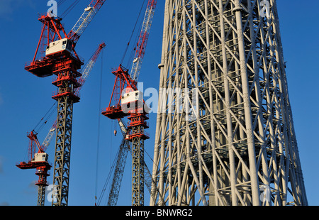 Baukräne neben Tokyo Sky Tree, Tokios neuen Fernsehturm derzeit im Bau bei 408 Metern (Tokio, Japan) Stockfoto