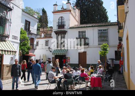 Straßencafés im Stadtteil Barrio Santa Cruz (Altstadt), Sevilla, Provinz Sevilla, Andalusien, Südspanien, Westeuropa. Stockfoto