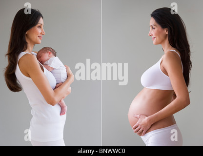 Vor und nach dem Bild der schwangeren Frau Stockfoto