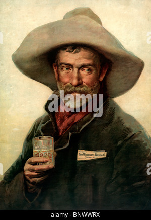 Handel-Karte für Wiedemann Beer: alte Cowboy mit Glas Wiedemann Stockfoto