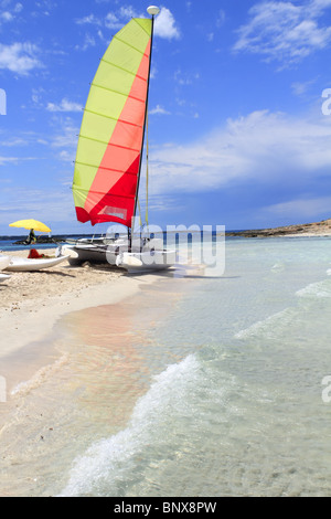 Hobie Cat Katamaran Formentera Strand Illetas Blue sky Balearic Illetes Stockfoto