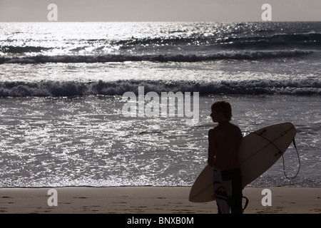 Eine Surfer schaut auf die Wellen am Manly Beach. Sydney, New South Wales, Australien Stockfoto