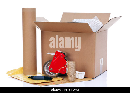 Foto der Verpackung Elemente isoliert auf einem weißen Hintergrund. Stockfoto