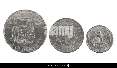 alte USA Silbermünzen mit Adler: eine, die Hälfte und ein Viertel des Dollars Stockfoto