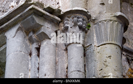 Stein-Hauptstädte Corcomroe Abbey, in der Nähe von Bellharbour, County Clare, Republik Irland Stockfoto