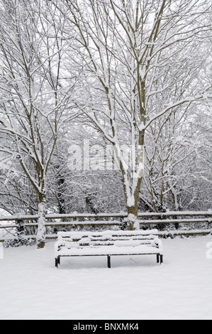 Winterschnee in einem Dorfpark, Wrington, Somerset, England. Stockfoto