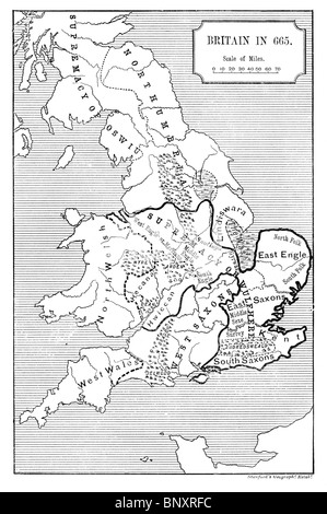 & Schwarz-weiß-Abbildung einer Karte des Anglo-Saxon England im 7. Jahrhundert zeigen die Überlegenheit der König Oswiu von Northumbria Stockfoto