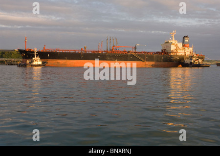 Schlepper drücken Öltanker auf Steg, Texaco oil Raffinerie, Milford Haven, Pembrokeshire, Wales, UK, Europa Stockfoto