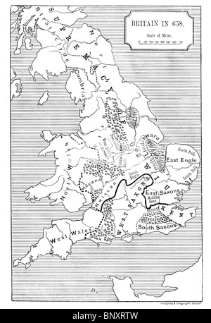 & Schwarz-weiß Illustration eine Karte der Anglo Saxon Britian im 7. Jahrhundert zeigen die Überlegenheit der König Oswiu von Northumbria Stockfoto