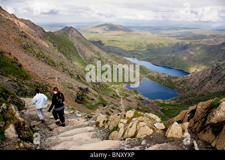 Glaslyth See und Llyn Sheetrim Reservoir, vom Gipfel des Mount Snowdon, Snowdonia National Park, North Wales, UK Stockfoto