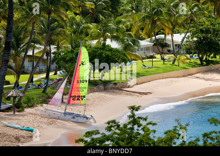 Ein kleines Segelboot, sitzen im Schatten an einem Strand von Antigua. Stockfoto