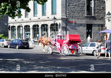 Touristen genießen von einem Pferd gezogenen Buggy fahren auf den Straßen der Altstadt von Montreal Stockfoto