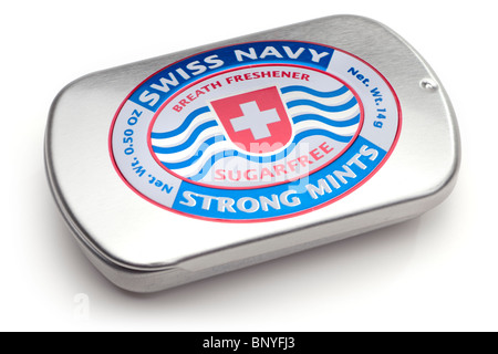 Silberne Dose Swiss Navy Atem Lufterfrischer Sugarfree starke Reisen Münzstätten Stockfoto