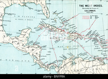 Karte der West Indies illustrieren die Reisen von Christopher Columbus. Stockfoto