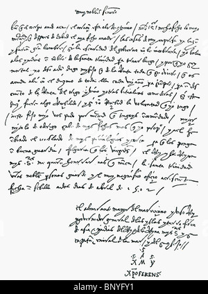 Faksimile des Briefes von Christopher Columbus an die Bank von St. Georg, 2 April 1502. Stockfoto