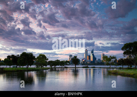 Blick über James Mitchell Park und den Swan River, die Skyline der Stadt. Perth, Western Australia, Australien. Stockfoto