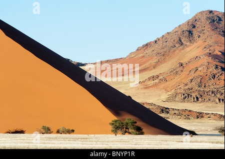 Roten Sanddünen und Granitfelsen im Sossusvlei in Namibia Naukluft Park zentrale Namibwüste Stockfoto