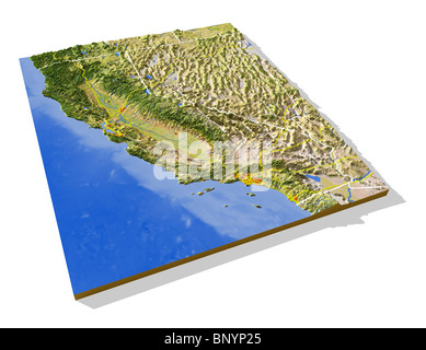 Kalifornien, 3D Reliefkarte mit städtischen Gebieten, Autobahnen und Grenzen. Stockfoto