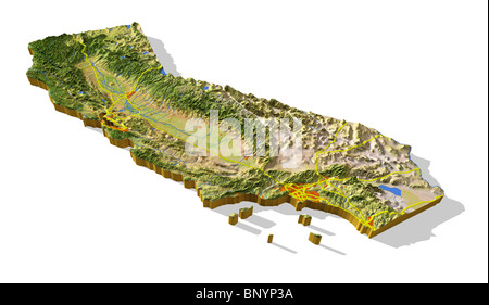 Kalifornien, 3D Reliefkarte Ausschnitt mit städtischen Gebieten und Autobahnen. Stockfoto