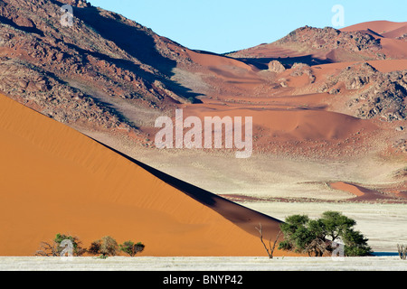 Roten Sanddünen und Granitfelsen im Sossusvlei in Namibia Naukluft Park zentrale Namibwüste Stockfoto