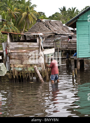 Mann bei der Arbeit, die Durchführung von Reparaturen an seiner Außentoilette auf Cayo Carenero, Bocas del Toro Stockfoto