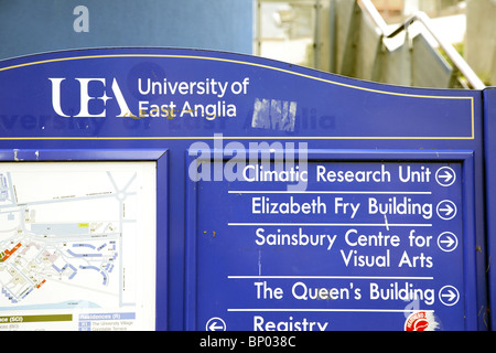 University of East Anglia Richtungen Board zeigt der klimatischen Research Unit. Stockfoto