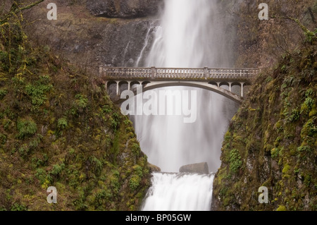 Touristen auf der Brücke am Multnomah Falls, die zweite höchste ganzjährig Wasserfall in den Vereinigten Staaten Stockfoto