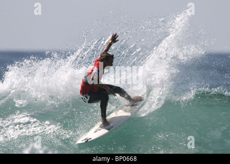 Franzose Marc Lacomare, Relenless Boardmasters Surfwettbewerb, Newquay, Cornwall, 8. August gewonnen. Stockfoto