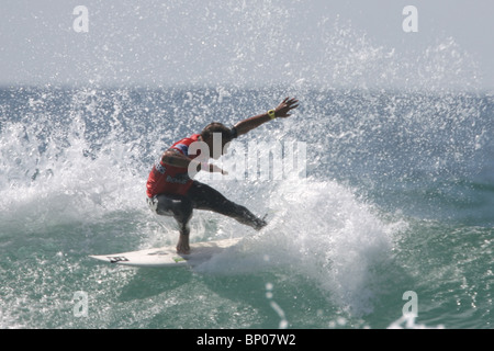 Franzose Marc Lacomare, Relenless Boardmasters Surfwettbewerb, Newquay, Cornwall, 8. August gewonnen. Stockfoto