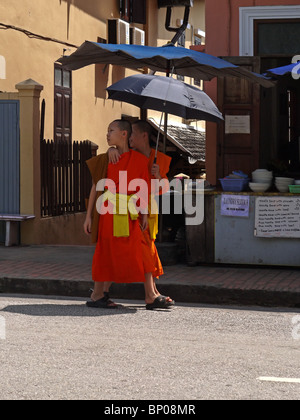 Junge Mönche auf der Straße von Luang Prabang, Nordlaos Stockfoto